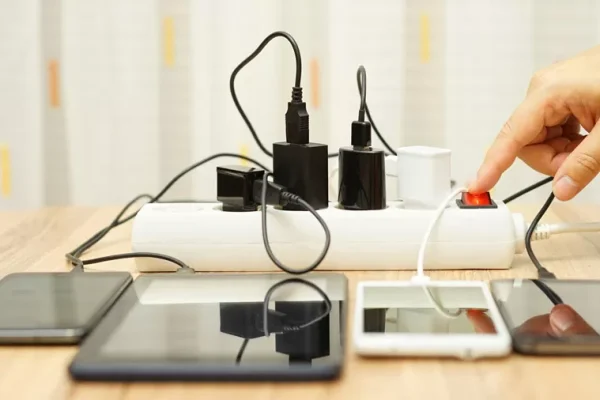 Vemos vários acessórios em uma tomada, o que pode ocasionar acidentes domésticos com energia elétrica.